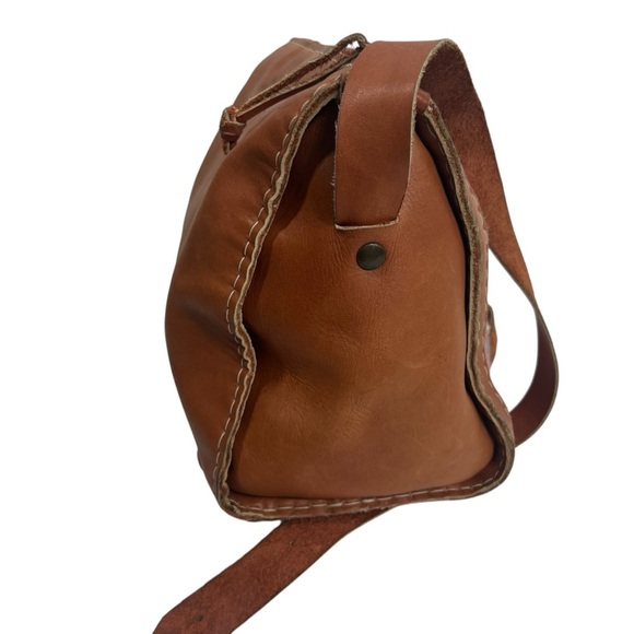 MALINCHE Crossbody Purse Tan Leather with Colorful Pastel Cloth Panel - Picture 7 of 13